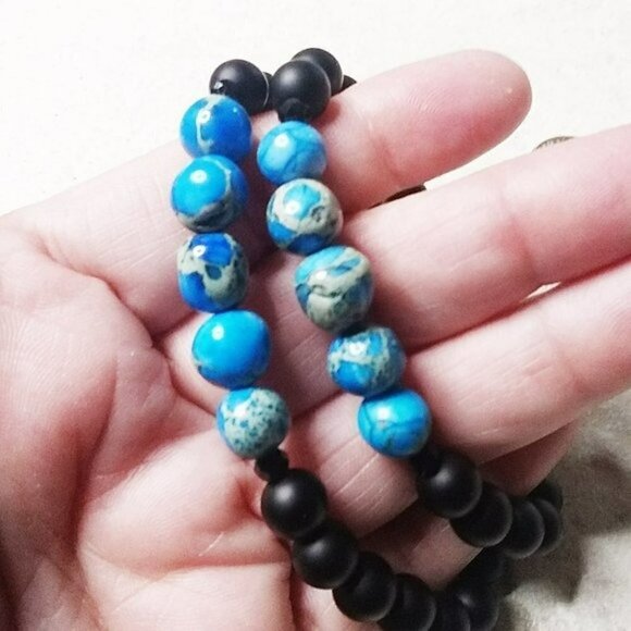 His & Hers Bracelet Set! Couples + Partners! Blue Sea Sediment Jasper 6.75" + 8" - Picture 7 of 8